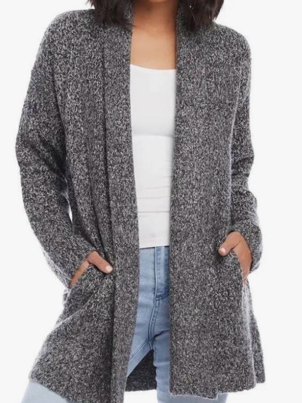 Karen Kane Marled Charcoal Open-Front Shawl Collar Cardigan Size S Like New